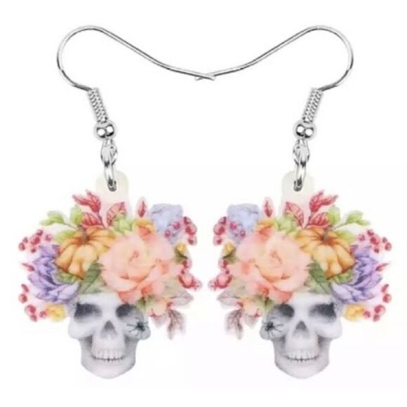 Skull with Floral Crown Lightweight Earrings Halloween Dia de los Muertos Sugar - Picture 1 of 5
